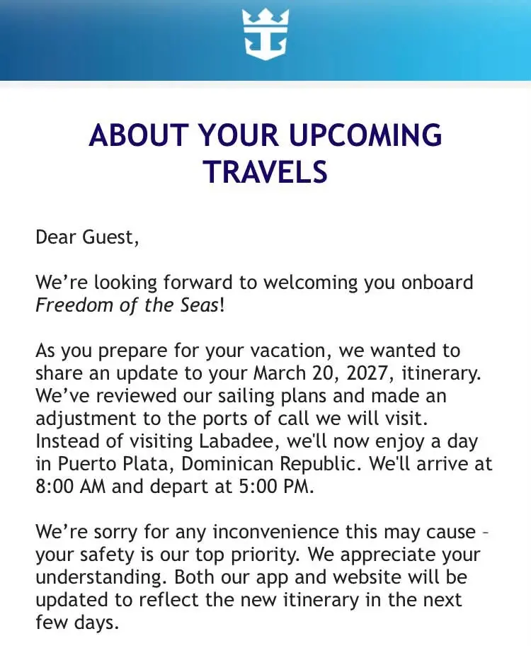 Itinerary Change, Freedom