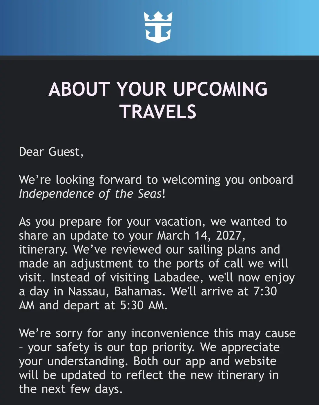 Itinerary Change, Indy