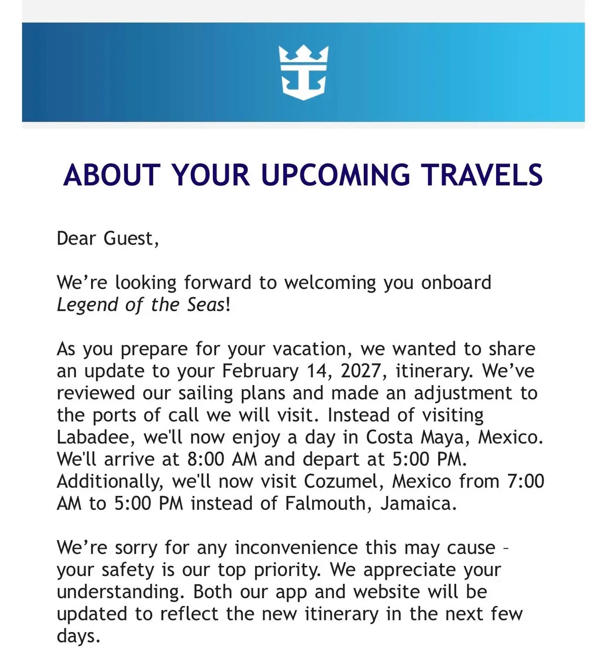 Legend Itinerary Change