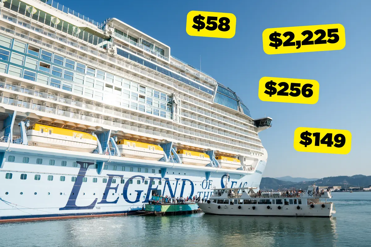 Legend of the Seas exterior shot with prices listed in yellow squares