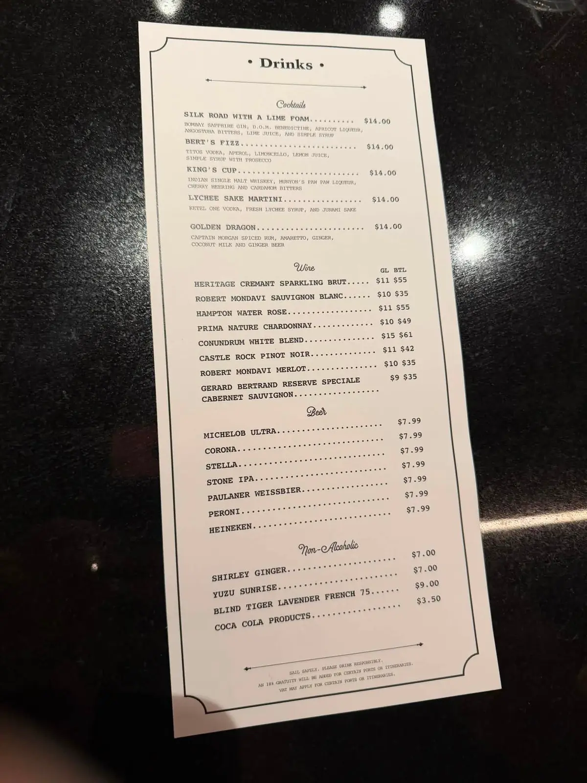 Royal Railway Legend Station drink menu
