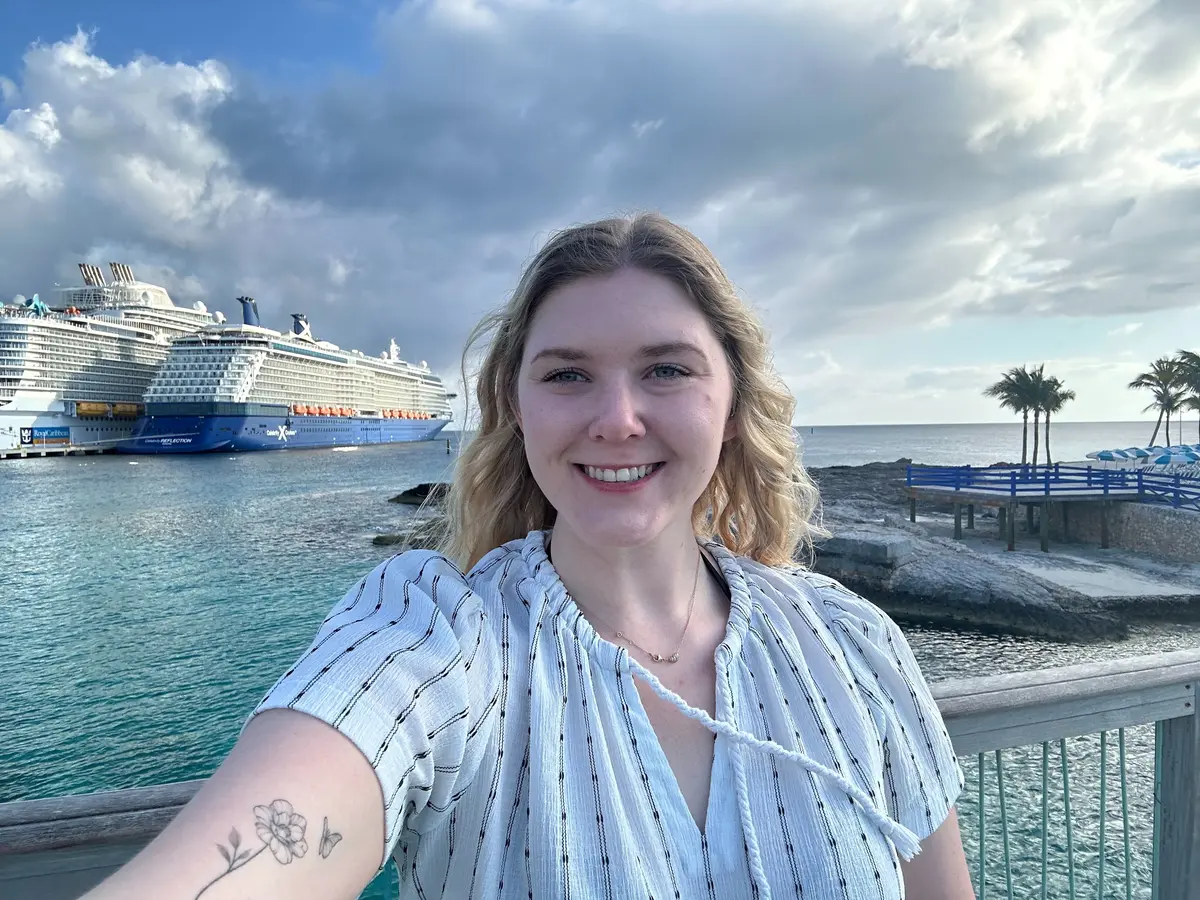 Elizabeth in front of Celebrity Reflection