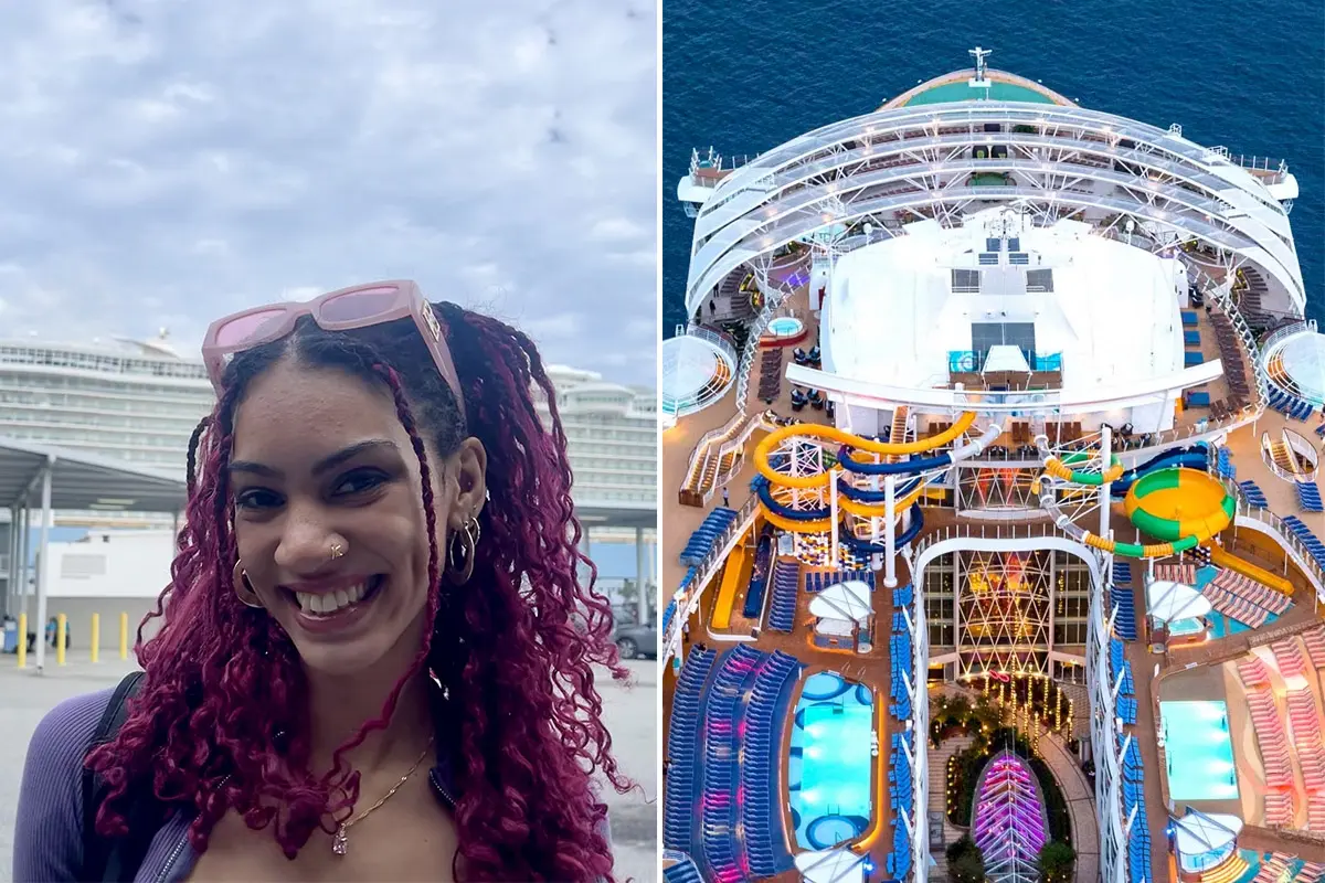 Split image of woman on left, aerial view of cruise ship on the right