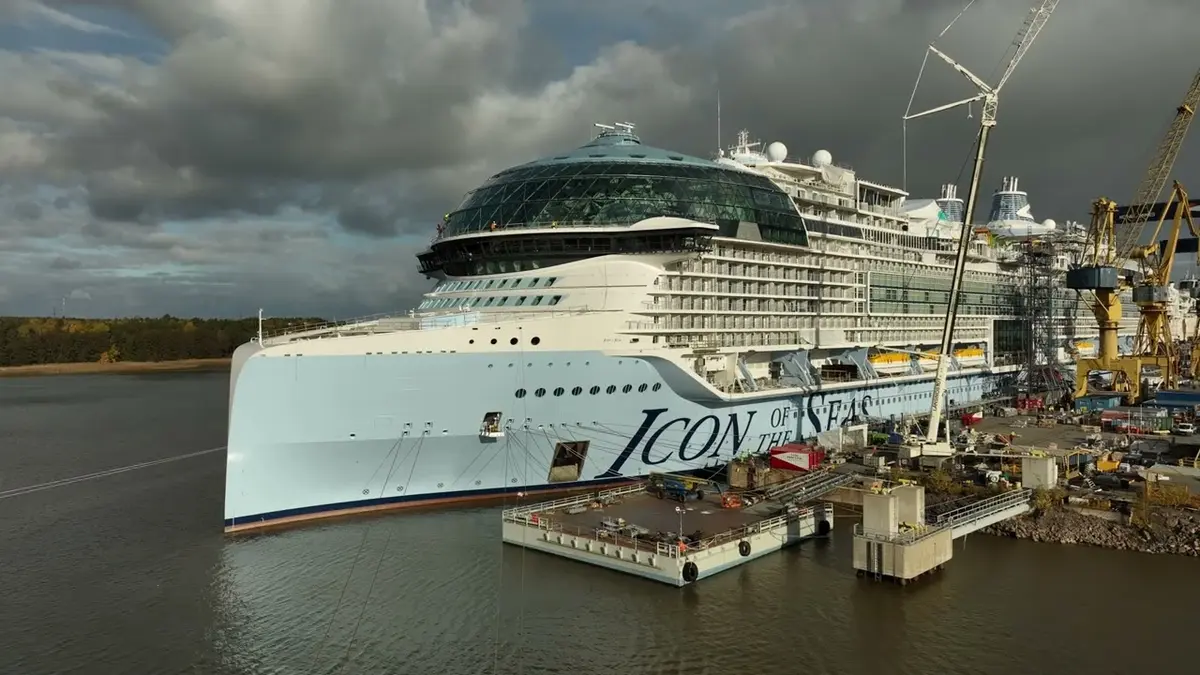 Icon of the Seas in wet dock under construction