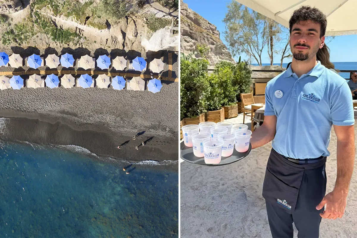 Black sand beach, left. Waiter, right