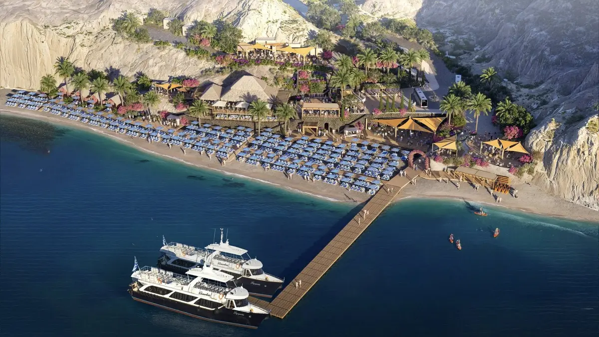 Aerial rendering of Royal Beach Club in Santorini