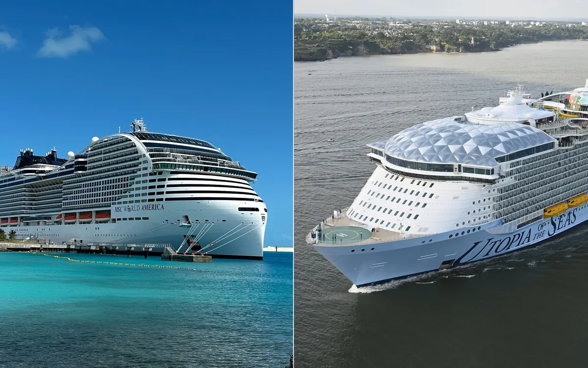 MSC World America cruise ship next to Royal Caribbean's Utopia of the Seas MSC World America cruise ship next to Royal Caribbean's Utopia of the Seas