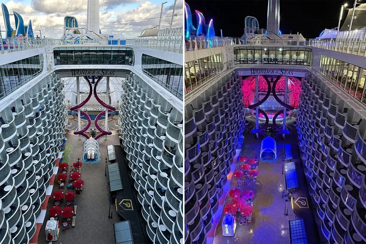 Wonder of the Seas at day vs night